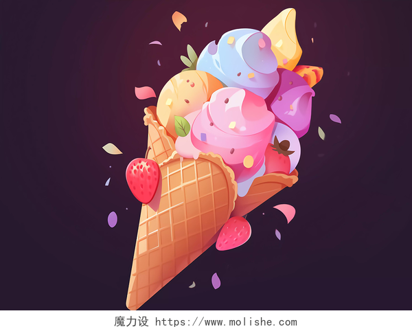 夏天夏季五彩缤纷水果巧克力冰淇淋甜筒卡通画插画